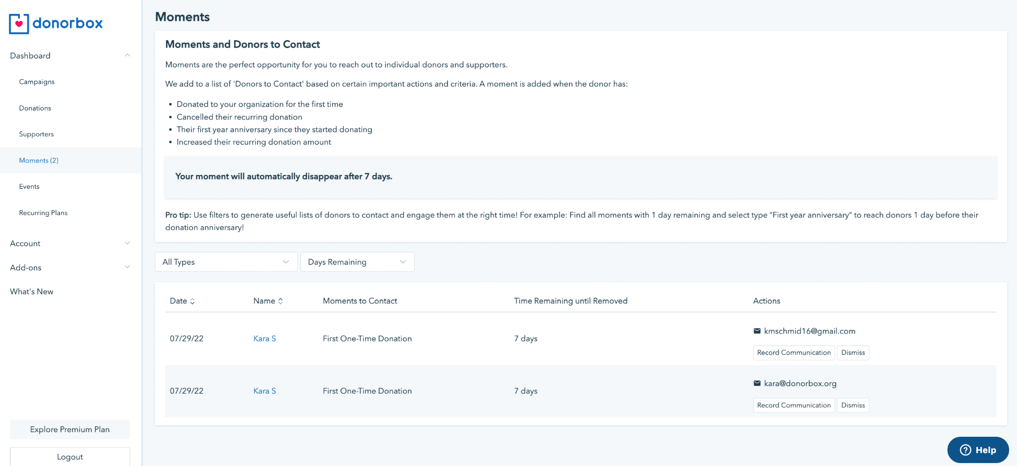Donorbox donor profile for organizations