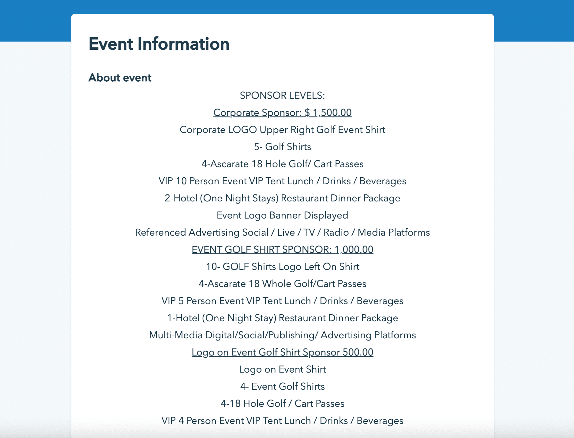 Screenshot of the Events page for this golf fundraiser showing different sponsorship levels.